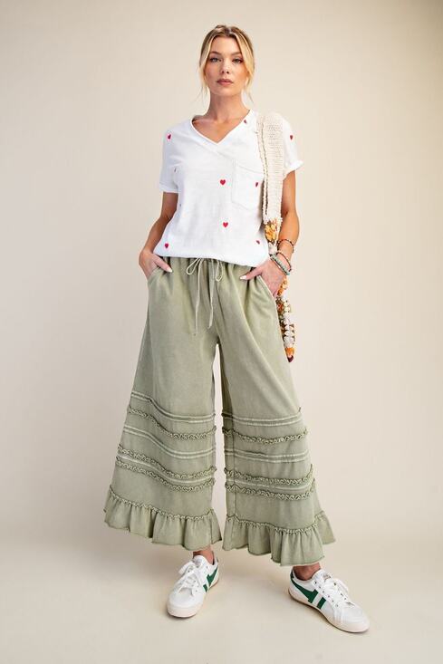 easel Pants - 1A6D***EASEL  WASHED TERRY TIERED RUFFLED WIDE LEG PANTS